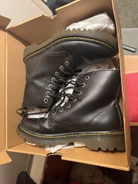 Dr. Martens Black Leather Combat Boots with Yellow Stitching